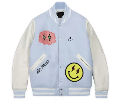 J BALVIN x JORDAN VARSITY JACKET WHITE BLUE