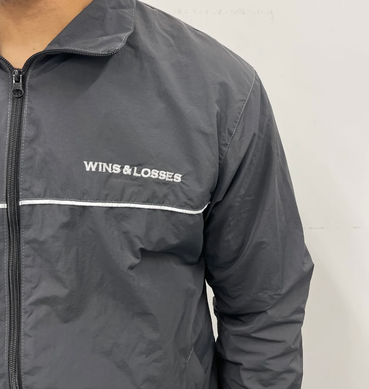 WINS & LOSSES BAR LOGO NYLON TRACK JACKET GUN METAL GREY